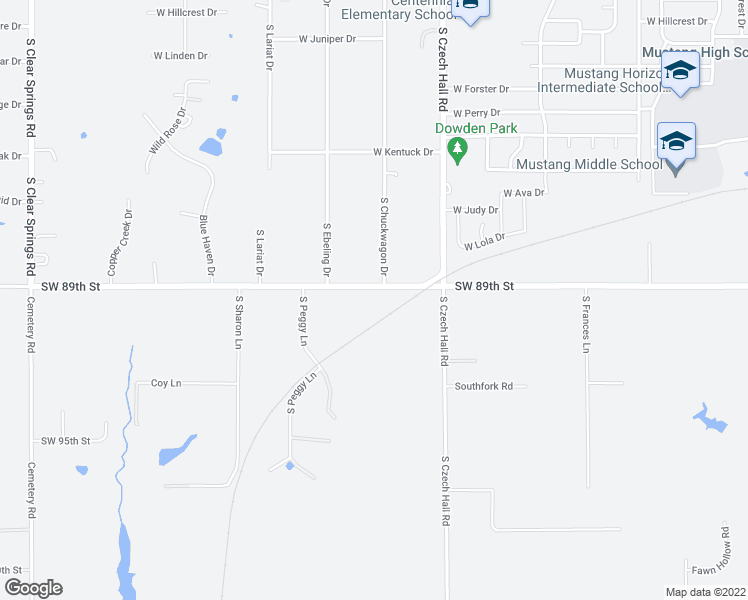 map of restaurants, bars, coffee shops, grocery stores, and more near 12312 Southwest 89th Street in Mustang