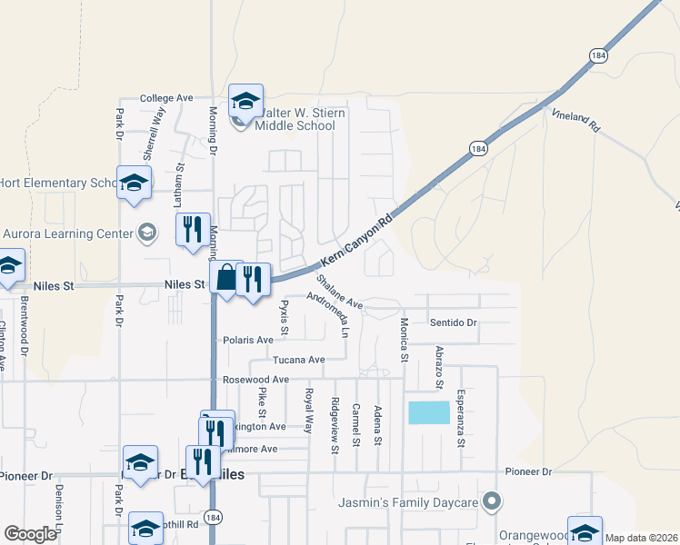 map of restaurants, bars, coffee shops, grocery stores, and more near 8601 Kern Canyon Road in Bakersfield