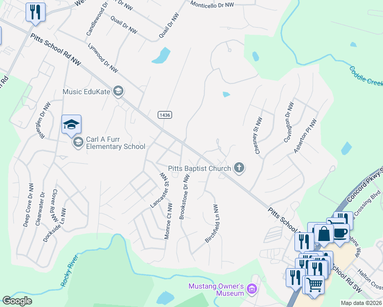 map of restaurants, bars, coffee shops, grocery stores, and more near 5844 Brookstone Drive Northwest in Concord