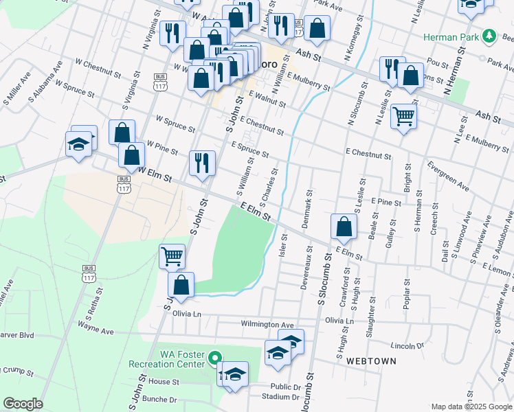 map of restaurants, bars, coffee shops, grocery stores, and more near 400-422 East Elm Street in Goldsboro