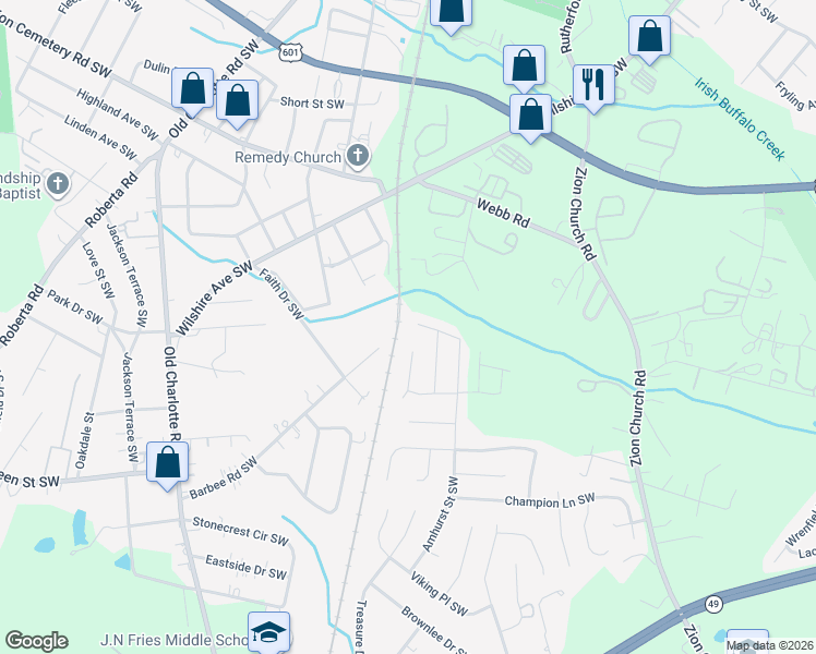 map of restaurants, bars, coffee shops, grocery stores, and more near 551 Railway Place Southwest in Concord