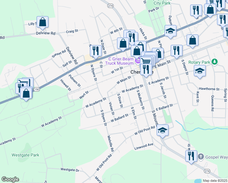 map of restaurants, bars, coffee shops, grocery stores, and more near 16 West Academy Street in Cherryville