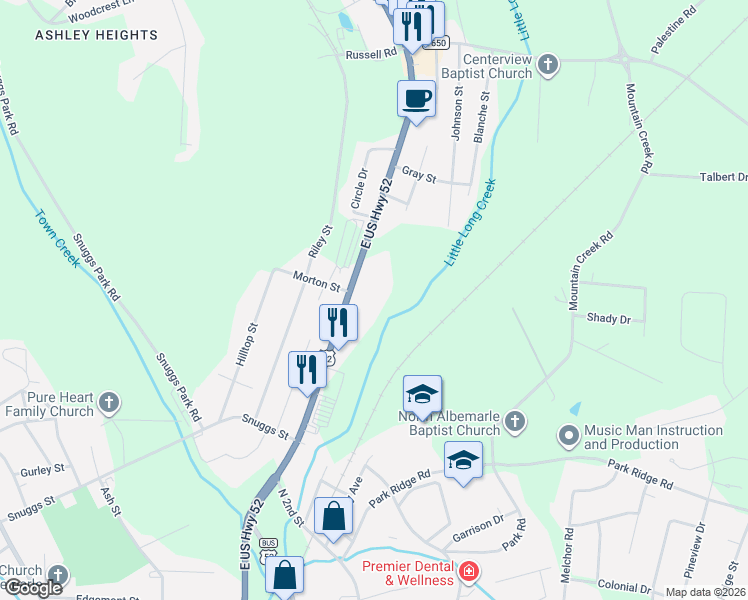 map of restaurants, bars, coffee shops, grocery stores, and more near 1502 U.S. 52 in Albemarle