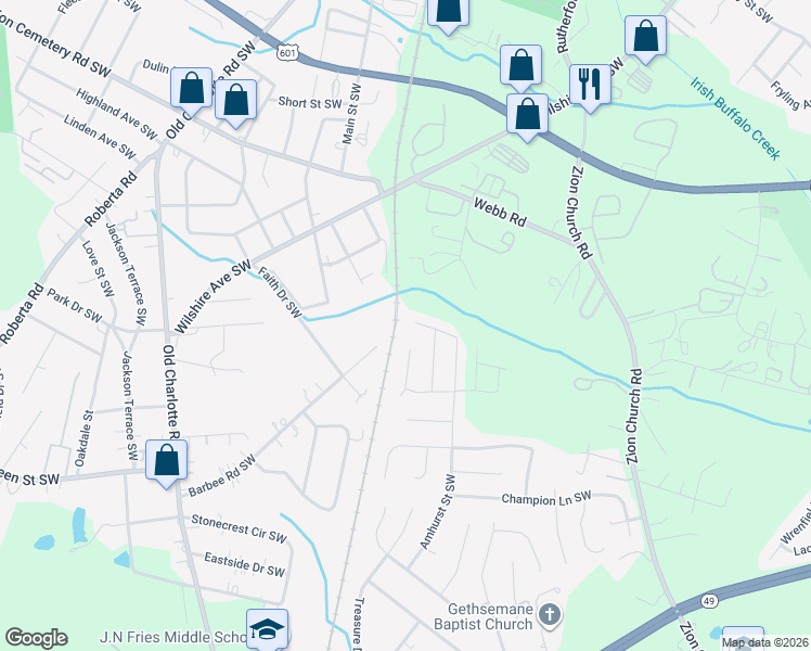 map of restaurants, bars, coffee shops, grocery stores, and more near 551 Railway Place Southwest in Concord