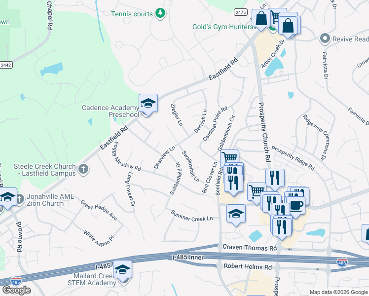 map of restaurants, bars, coffee shops, grocery stores, and more near 9306 Swallow Tail Lane in Charlotte