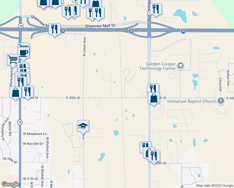 map of restaurants, bars, coffee shops, grocery stores, and more near 650 East 45th Street in Shawnee
