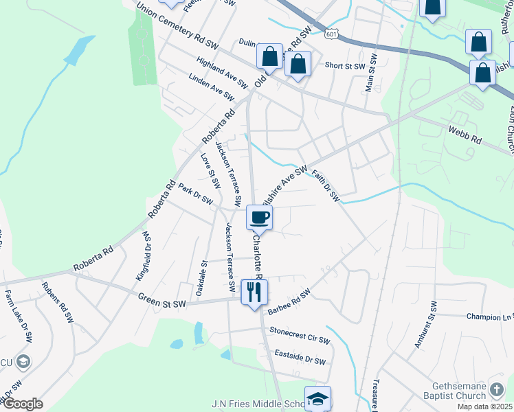 map of restaurants, bars, coffee shops, grocery stores, and more near 1067 Old Charlotte Road Southwest in Concord