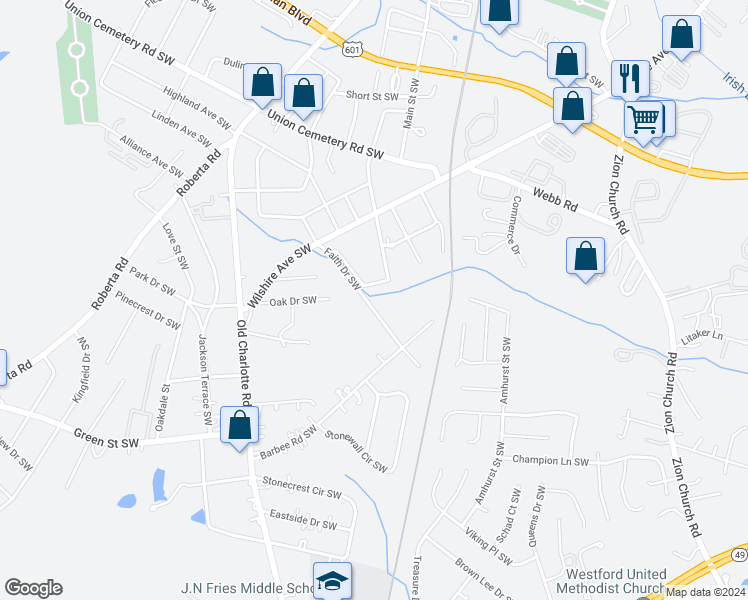 map of restaurants, bars, coffee shops, grocery stores, and more near 573 Faith Drive Southwest in Concord