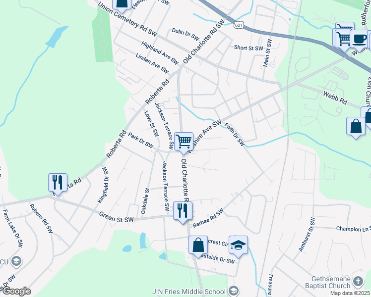 map of restaurants, bars, coffee shops, grocery stores, and more near 1067 Old Charlotte Road Southwest in Concord