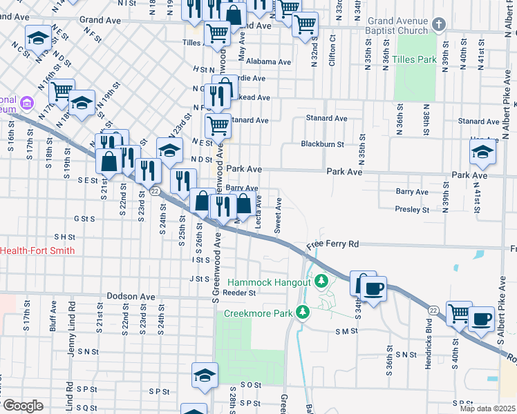 map of restaurants, bars, coffee shops, grocery stores, and more near 2901 Presley Street in Fort Smith