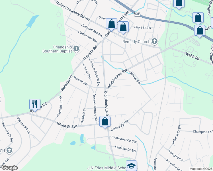 map of restaurants, bars, coffee shops, grocery stores, and more near 1039 Old Charlotte Road Southwest in Concord