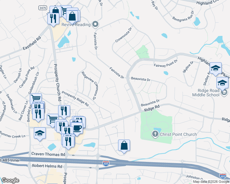 map of restaurants, bars, coffee shops, grocery stores, and more near 4436 Rock Stream Drive in Charlotte