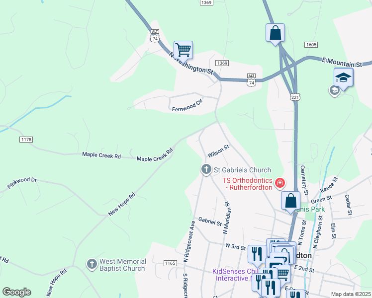 map of restaurants, bars, coffee shops, grocery stores, and more near 183 Maple Creek Road in Rutherfordton