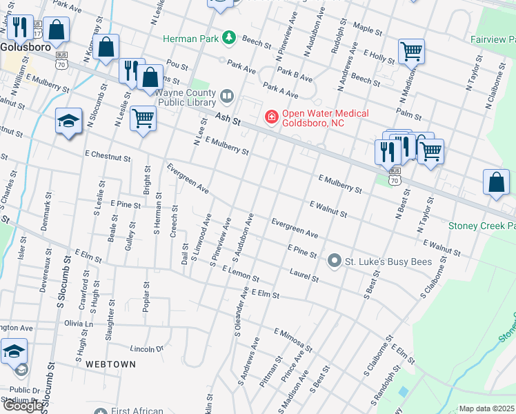 map of restaurants, bars, coffee shops, grocery stores, and more near 112 South Audubon Avenue in Goldsboro