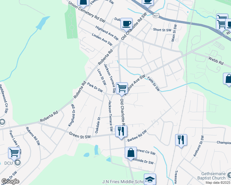 map of restaurants, bars, coffee shops, grocery stores, and more near 616 Jackson Terrace Southwest in Concord
