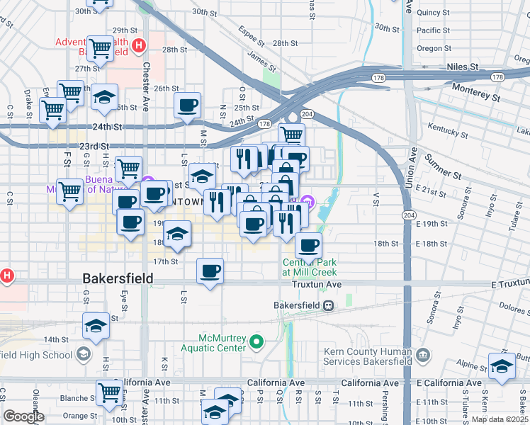 map of restaurants, bars, coffee shops, grocery stores, and more near 820 20th Street in Bakersfield