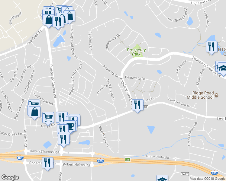 map of restaurants, bars, coffee shops, grocery stores, and more near 4519 Rock Stream Drive in Charlotte