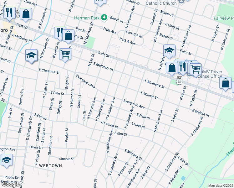 map of restaurants, bars, coffee shops, grocery stores, and more near 112 South Audubon Avenue in Goldsboro