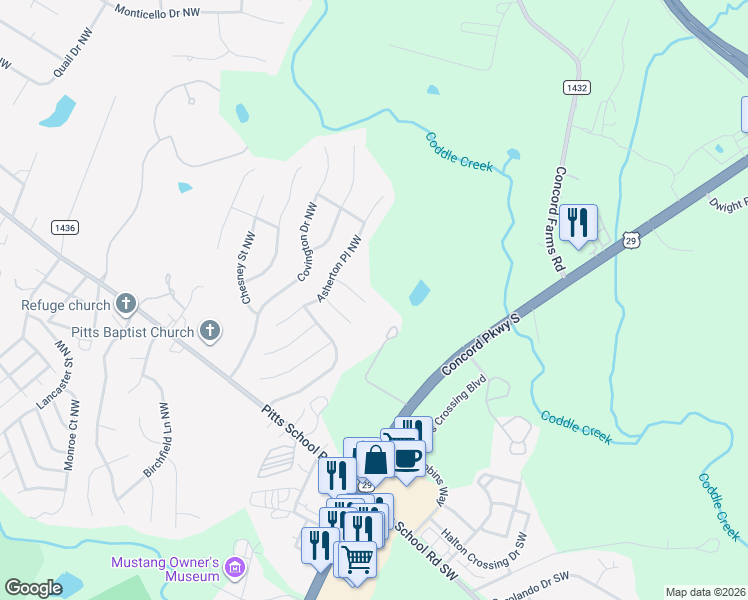 map of restaurants, bars, coffee shops, grocery stores, and more near 2937 Brooknell Court Northwest in Concord
