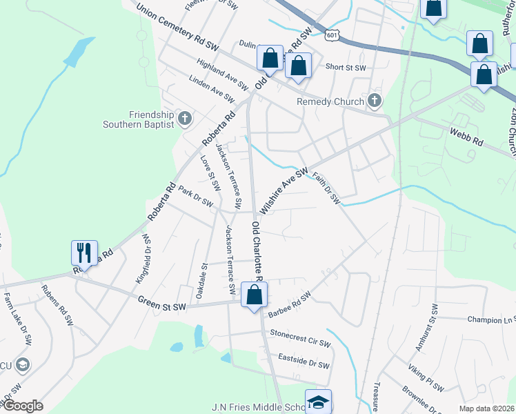 map of restaurants, bars, coffee shops, grocery stores, and more near 1039 Old Charlotte Road Southwest in Concord