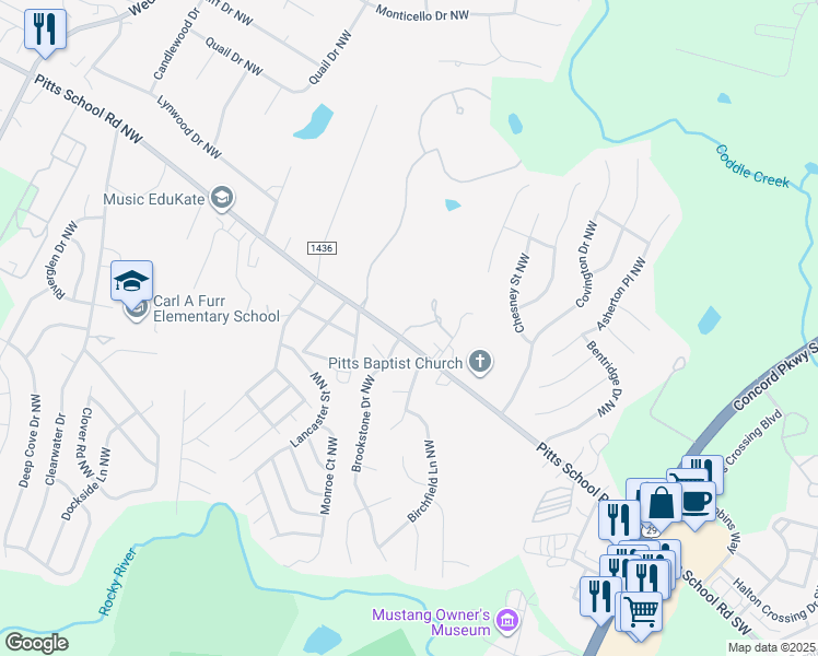 map of restaurants, bars, coffee shops, grocery stores, and more near 240 Pitts School Road Northwest in Concord