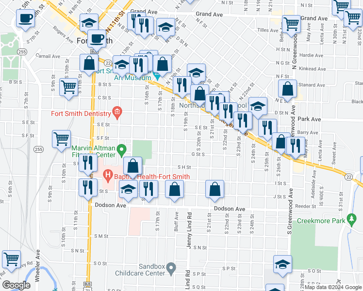 map of restaurants, bars, coffee shops, grocery stores, and more near 616 South 19th Street in Fort Smith
