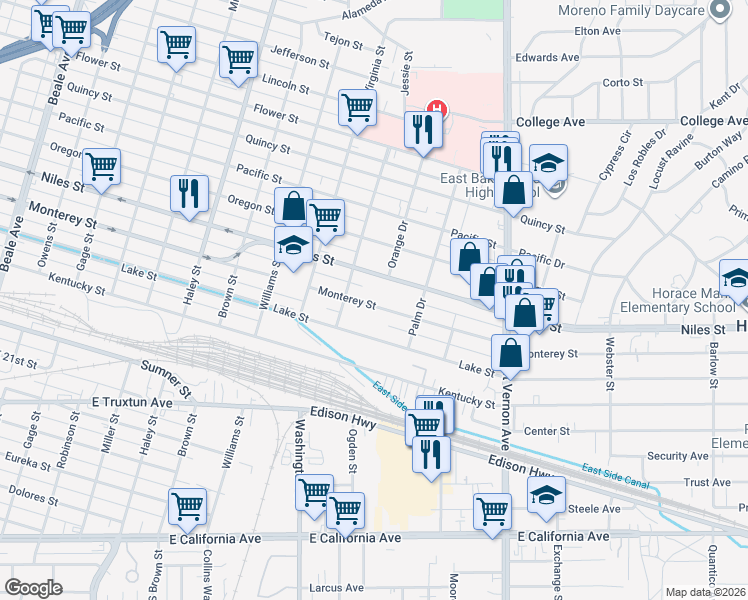 map of restaurants, bars, coffee shops, grocery stores, and more near 1838 Monterey Street in Bakersfield