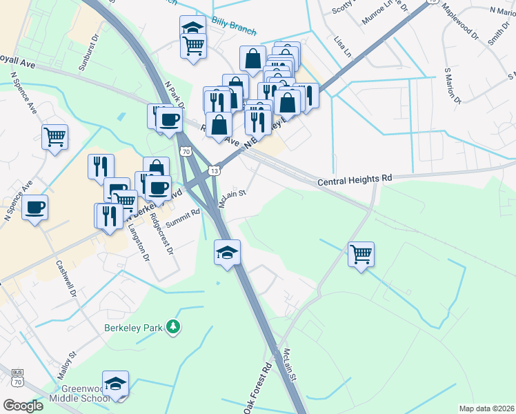 map of restaurants, bars, coffee shops, grocery stores, and more near 3004 Central Heights Road in Goldsboro