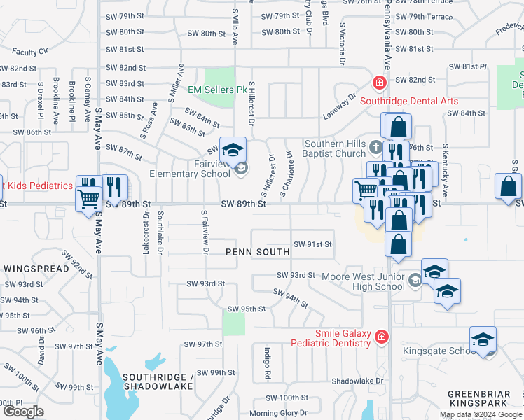 map of restaurants, bars, coffee shops, grocery stores, and more near 2431 Southwest 90th Place in Oklahoma City