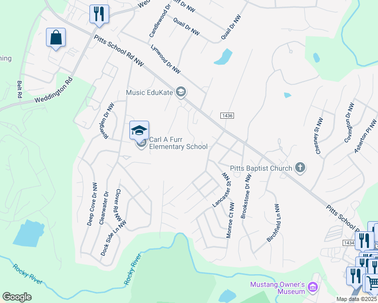 map of restaurants, bars, coffee shops, grocery stores, and more near 2684 Brackley Place Northwest in Concord