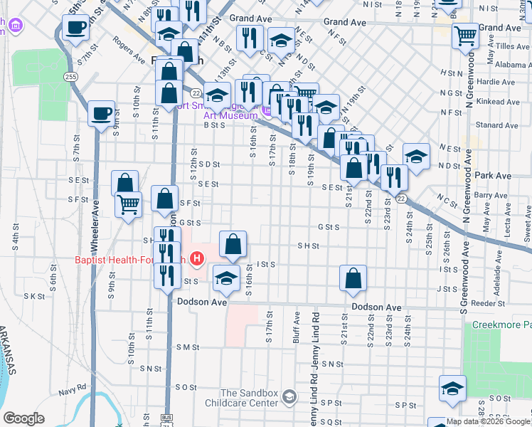 map of restaurants, bars, coffee shops, grocery stores, and more near 617 South 16th Street in Fort Smith