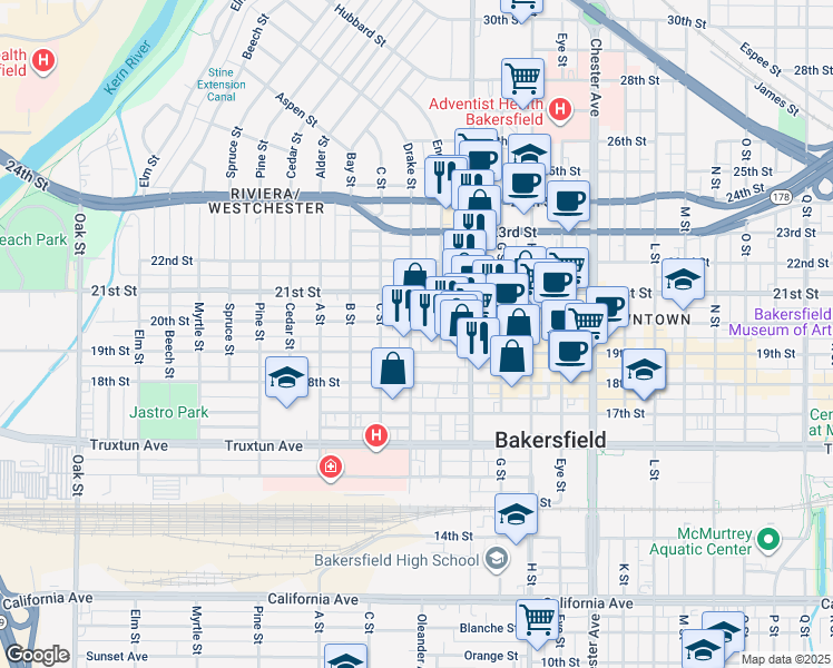 map of restaurants, bars, coffee shops, grocery stores, and more near 1920 D Street in Bakersfield