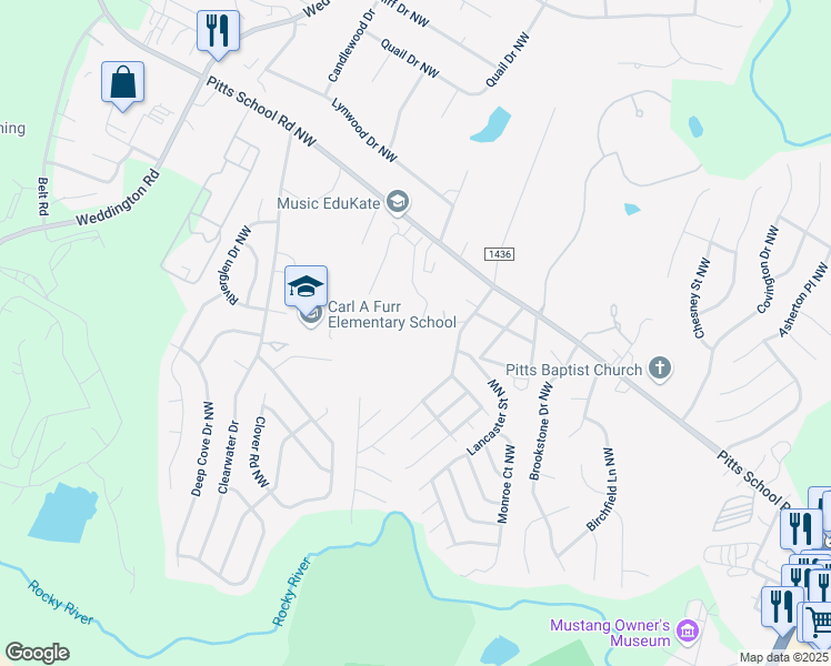 map of restaurants, bars, coffee shops, grocery stores, and more near 2672 Brackley Place Northwest in Concord