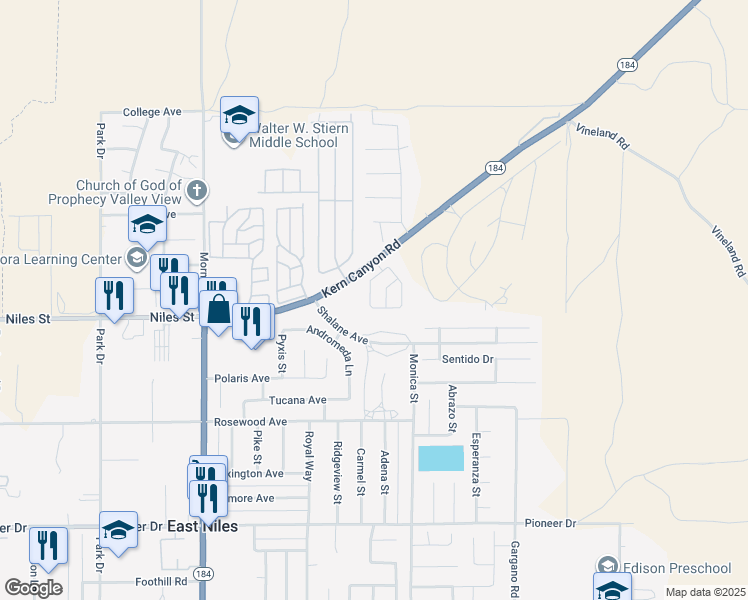 map of restaurants, bars, coffee shops, grocery stores, and more near 9205 Eastwind Circle in Bakersfield