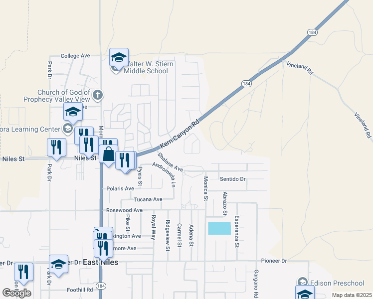 map of restaurants, bars, coffee shops, grocery stores, and more near 9205 Eastwind Circle in Bakersfield