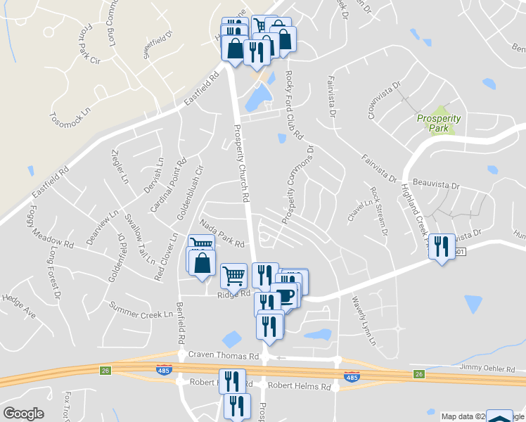 map of restaurants, bars, coffee shops, grocery stores, and more near 4845 Prosperity Ridge Road in Charlotte