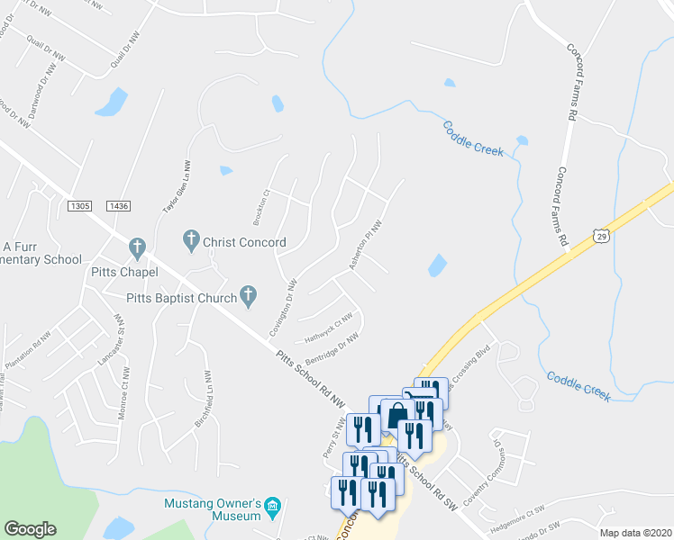 map of restaurants, bars, coffee shops, grocery stores, and more near 4817 Asherton Place Northwest in Concord