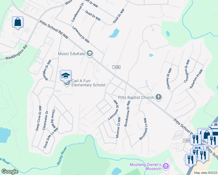 map of restaurants, bars, coffee shops, grocery stores, and more near 2705 Plantation Road Northwest in Concord
