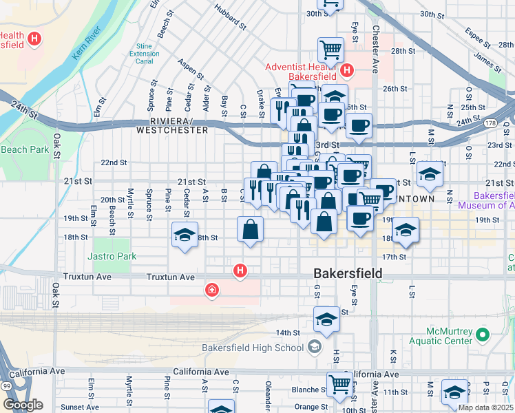 map of restaurants, bars, coffee shops, grocery stores, and more near 2114 20th Street in Bakersfield