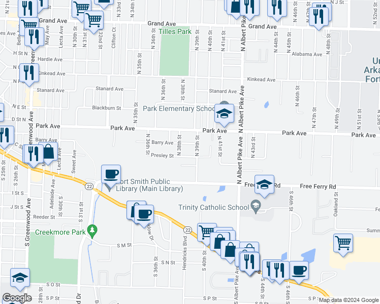 map of restaurants, bars, coffee shops, grocery stores, and more near 300 Barry Avenue in Fort Smith