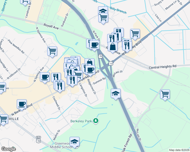 map of restaurants, bars, coffee shops, grocery stores, and more near 877-899 N Berkeley Blvd in Goldsboro