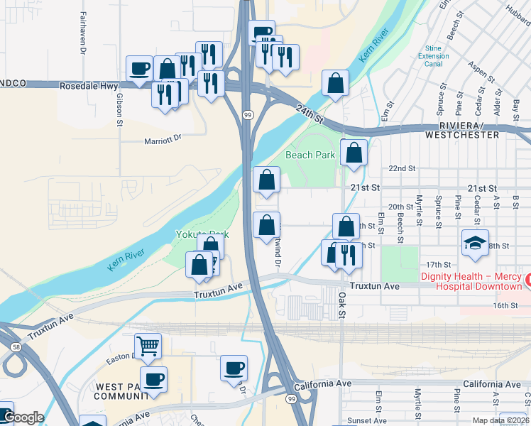 map of restaurants, bars, coffee shops, grocery stores, and more near 2015 Westwind Drive in Bakersfield