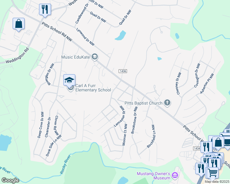 map of restaurants, bars, coffee shops, grocery stores, and more near 2705 Plantation Road Northwest in Concord