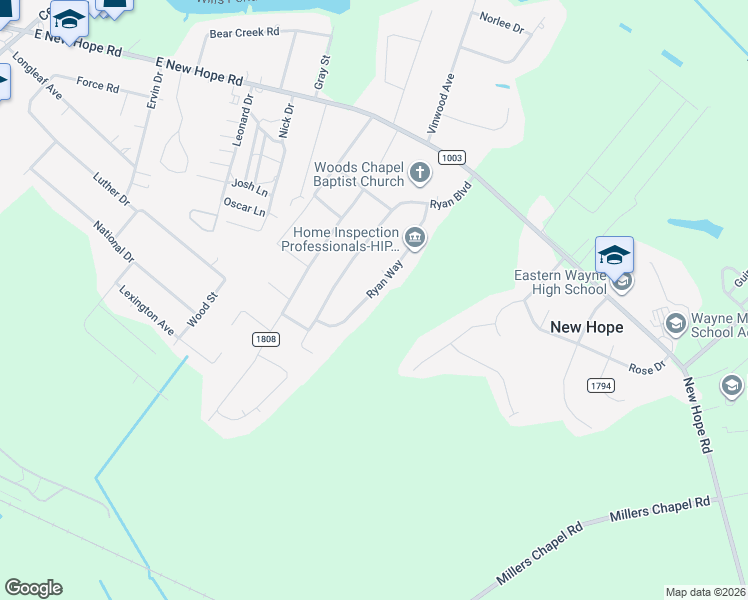 map of restaurants, bars, coffee shops, grocery stores, and more near 221 Ryan Way in Goldsboro