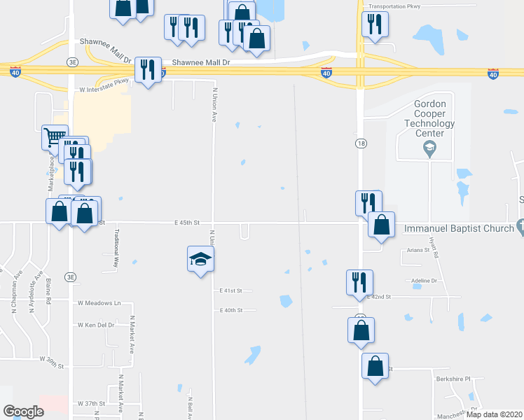 map of restaurants, bars, coffee shops, grocery stores, and more near 306 East 45th Street in Shawnee