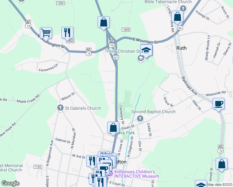 map of restaurants, bars, coffee shops, grocery stores, and more near 702 North Main Street in Rutherfordton