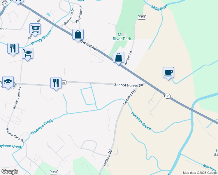 map of restaurants, bars, coffee shops, grocery stores, and more near 20 School House Road in Mills River