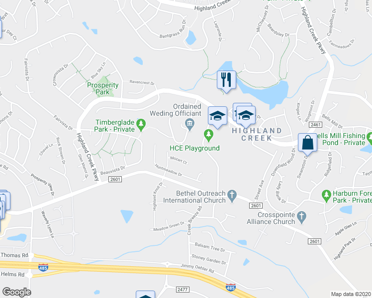 map of restaurants, bars, coffee shops, grocery stores, and more near 7009 Ridge Peak Court in Charlotte