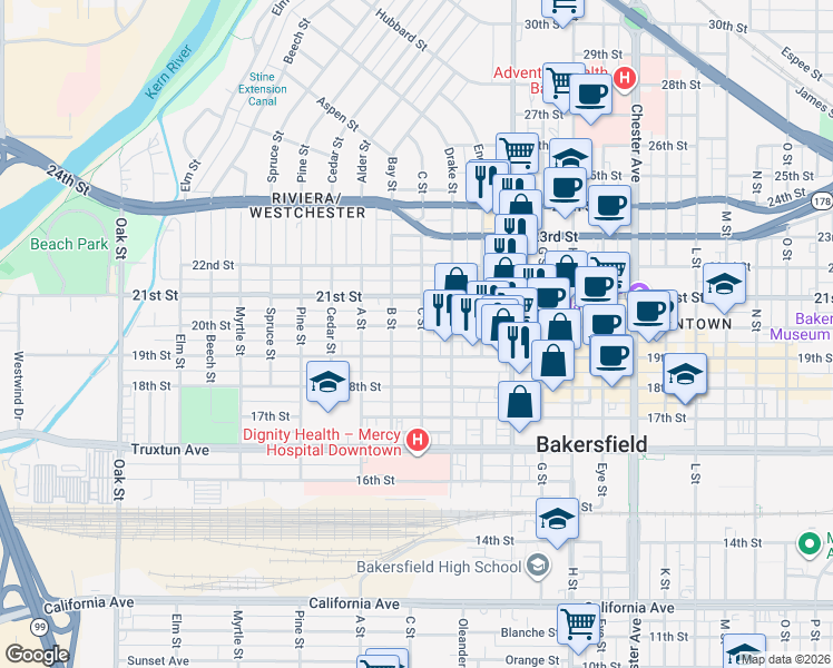 map of restaurants, bars, coffee shops, grocery stores, and more near 2114 20th Street in Bakersfield