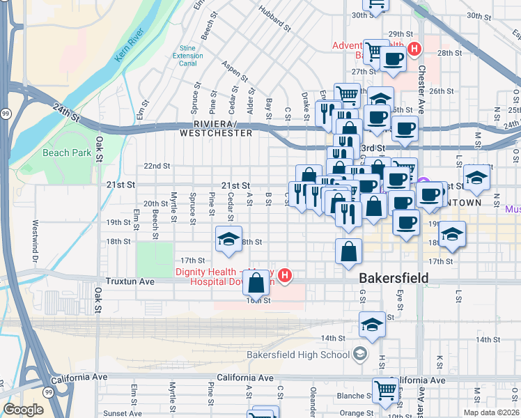 map of restaurants, bars, coffee shops, grocery stores, and more near 2317 20th Street in Bakersfield